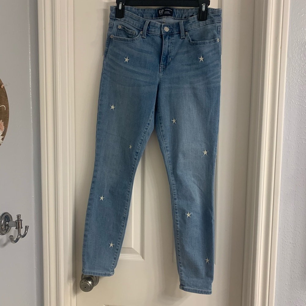 GAP white star print skinny high rise jeans